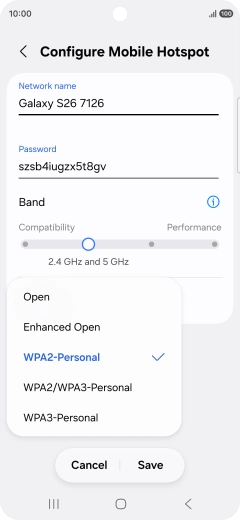 Press WPA3-Personal to password protect your Wi-Fi hotspot. Press WPA3-Personal to password protect your Wi-Fi hotspot.