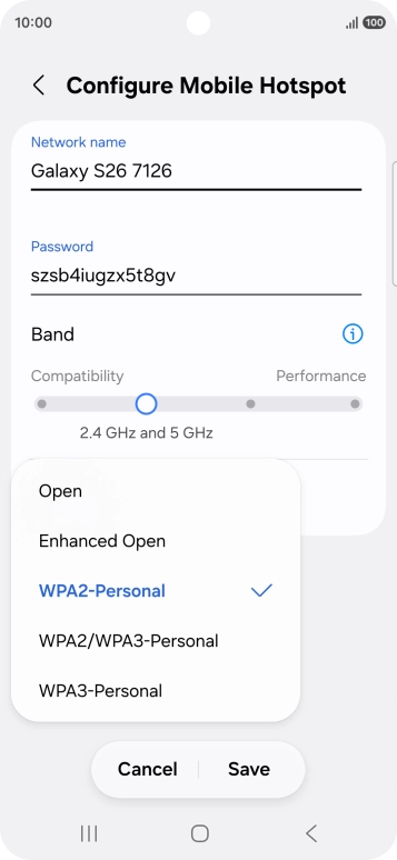 Press WPA3-Personal to password protect your Wi-Fi hotspot. Press WPA3-Personal to password protect your Wi-Fi hotspot.