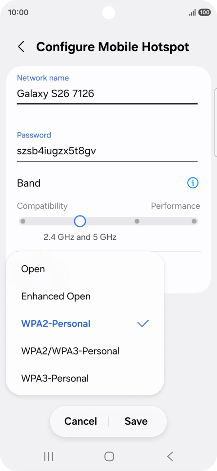 Press WPA3-Personal to password protect your Wi-Fi hotspot. Press WPA3-Personal to password protect your Wi-Fi hotspot.