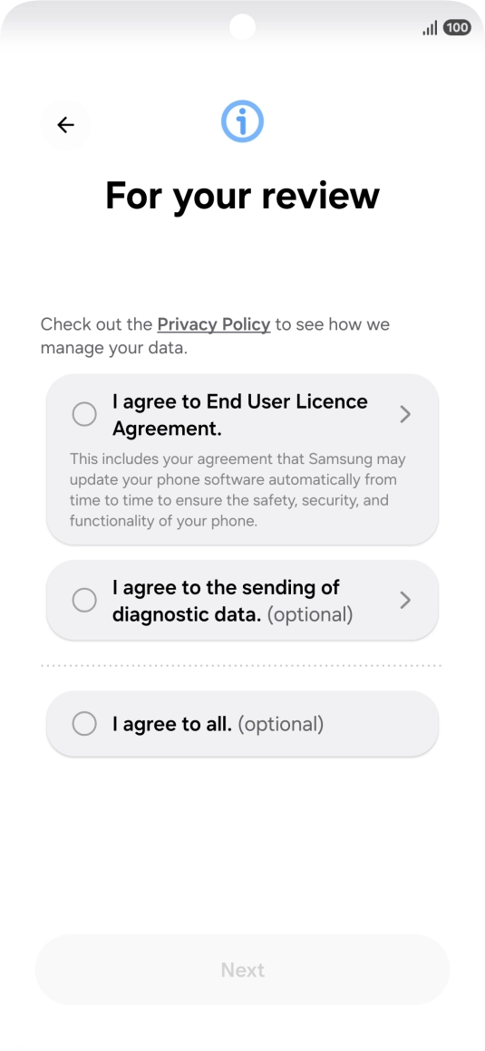 Press the fields next to the required settings to select them. Press the fields next to the required settings to select them.
