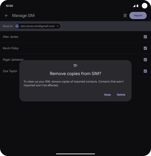If you want to keep the copied contacts your SIM, press Keep. If you want to keep the copied contacts your SIM, press Keep.