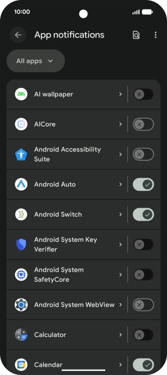 Press the indicator next to the required apps to turn the function on or off. Press the indicator next to the required apps to turn the function on or off.