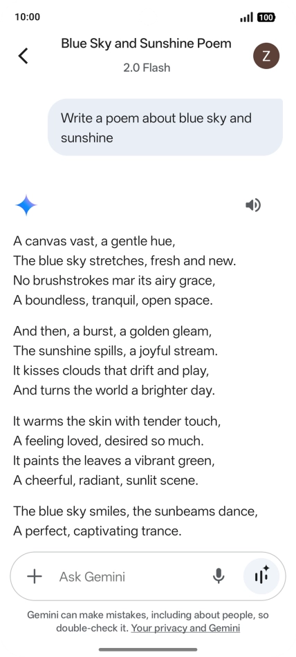 You can ask Gemini to generate a text based on your description. You can ask Gemini to generate a text based on your description.