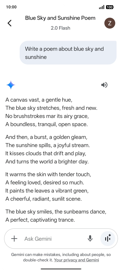 You can ask Gemini to generate a text based on your description. You can ask Gemini to generate a text based on your description.