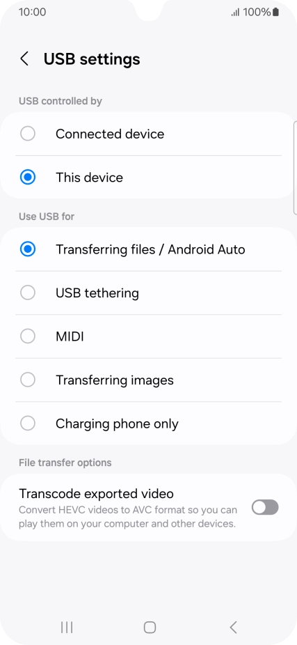 Press Transferring files / Android Auto. Press Transferring files / Android Auto.
