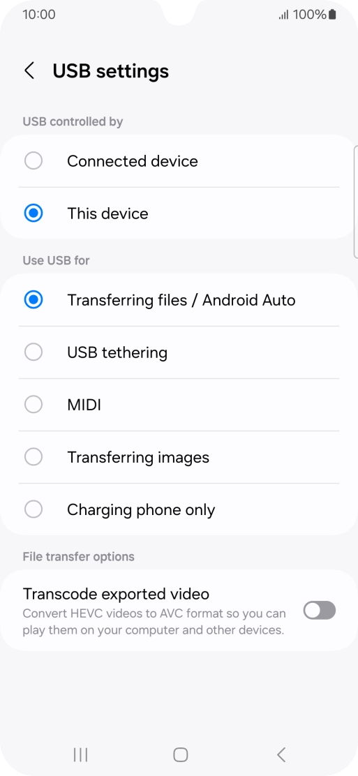 Press Transferring files / Android Auto. Press Transferring files / Android Auto.