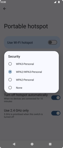 Press WPA3-Personal to password protect your Wi-Fi hotspot. Press WPA3-Personal to password protect your Wi-Fi hotspot.