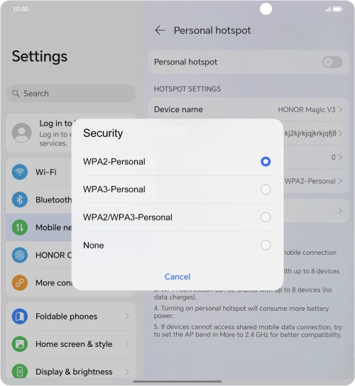 Press WPA3-Personal to password protect your Wi-Fi hotspot. Press WPA3-Personal to password protect your Wi-Fi hotspot.
