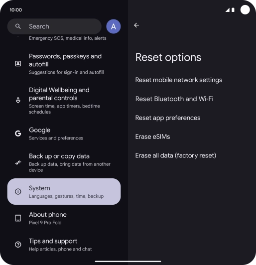 Press Erase all data (factory reset). Press Erase all data (factory reset).