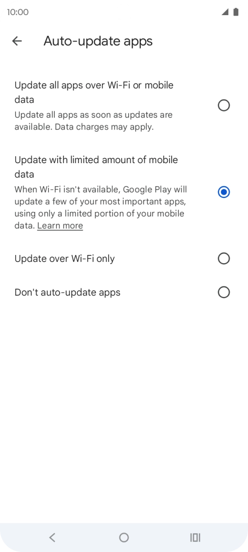 To turn on automatic update of apps using mobile network, press Update all apps over Wi-Fi or mobile data. To turn on automatic update of apps using mobile network, press Update all apps over Wi-Fi or mobile data.