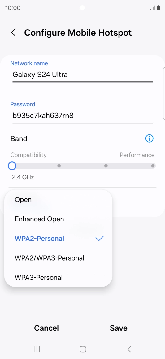 Press WPA3-Personal to password protect your Wi-Fi hotspot. Press WPA3-Personal to password protect your Wi-Fi hotspot.