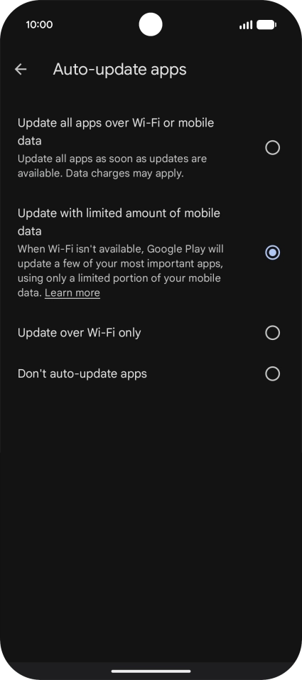 To turn on automatic update of apps using mobile network, press Update all apps over Wi-Fi or mobile data. To turn on automatic update of apps using mobile network, press Update all apps over Wi-Fi or mobile data.