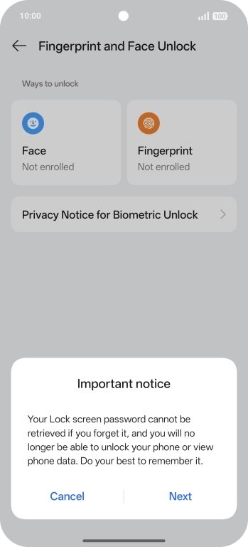 Press Next and follow the instructions on the screen to create an additional phone lock code. Press Next and follow the instructions on the screen to create an additional phone lock code.