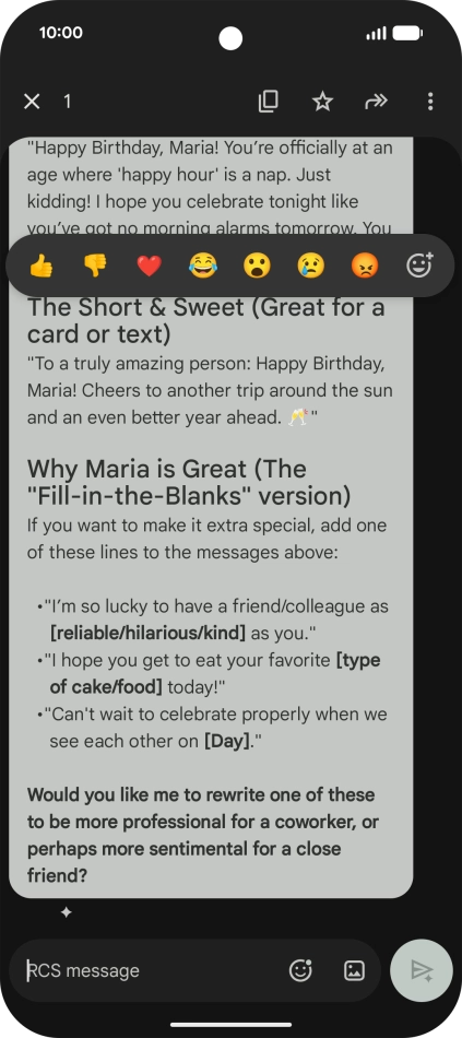 Press and hold the text suggestion from Gemini. Follow the instructions on the screen to use the text suggestion. Press and hold the text suggestion from Gemini. Follow the instructions on the screen to use the text suggestion.