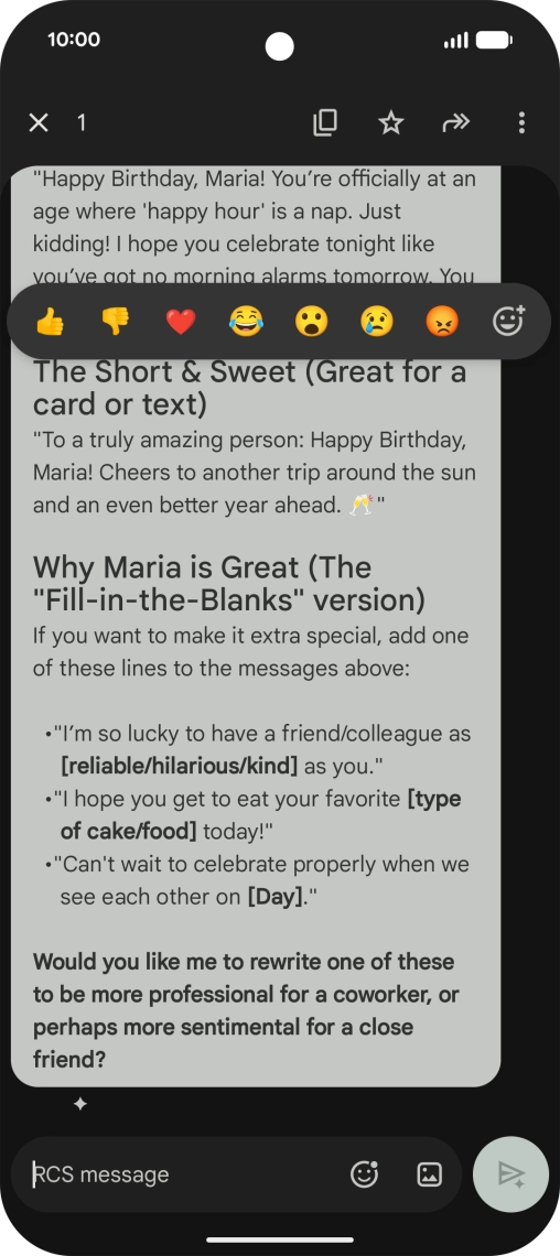 Press and hold the text suggestion from Gemini. Follow the instructions on the screen to use the text suggestion. Press and hold the text suggestion from Gemini. Follow the instructions on the screen to use the text suggestion.