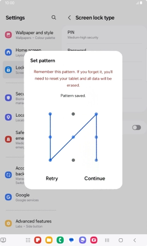 Slide your finger across the screen to connect at least four points and press Continue. Slide your finger across the screen to connect at least four points and press Continue.