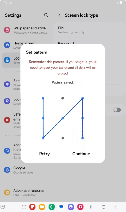 Slide your finger across the screen to connect at least four points and press Continue. Slide your finger across the screen to connect at least four points and press Continue.