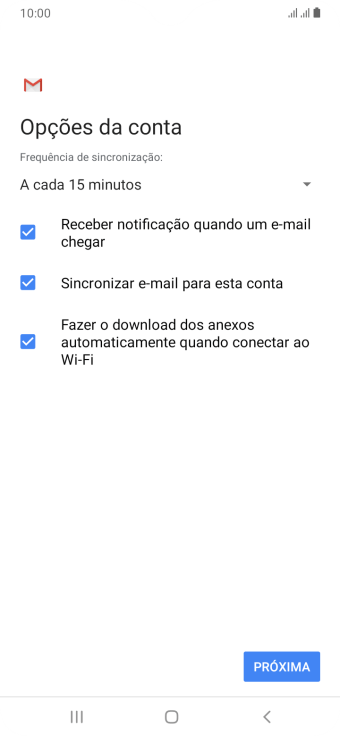 Se a tela mostrar essa imagem, sua conta foi reconhecida e configurada automaticamente. Siga as instruções da tela para inserir mais informações e finalizar a configuração. Se a tela mostrar essa imagem, sua conta foi reconhecida e configurada automaticamente. Siga as instruções da tela para inserir mais informações e finalizar a configuração.
