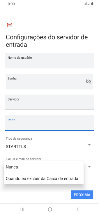 Pressione Nunca para manter os e-mails no servidor, quando você apagá-los do celular. Pressione Nunca para manter os e-mails no servidor, quando você apagá-los do celular.