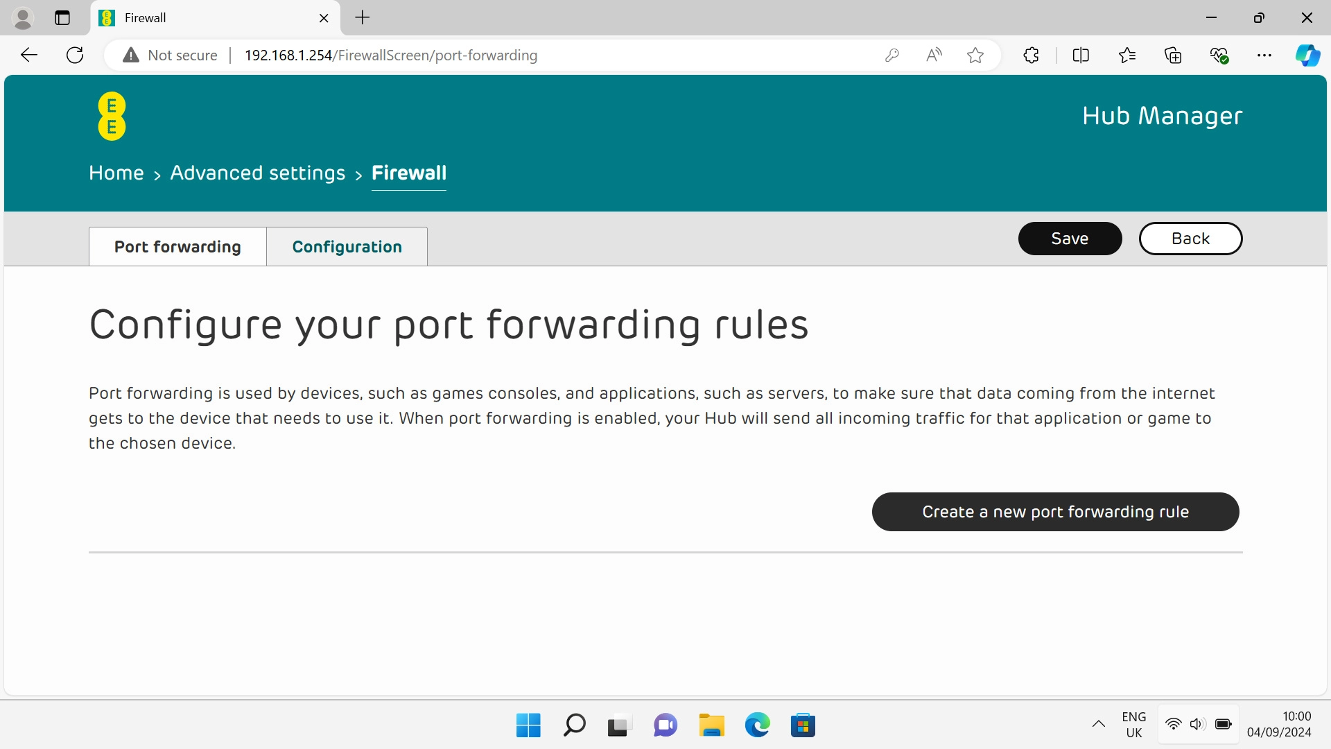 Click Create a new port forwarding rule. Click Create a new port forwarding rule.