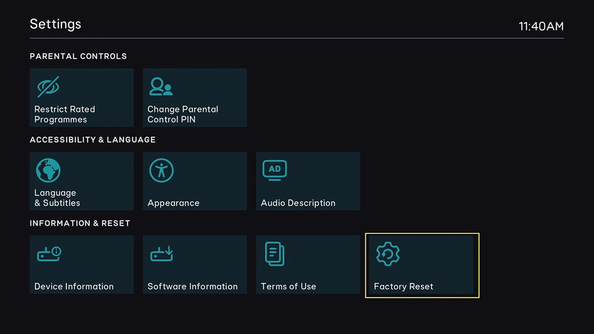 Highlight Factory Reset. Highlight Factory Reset.