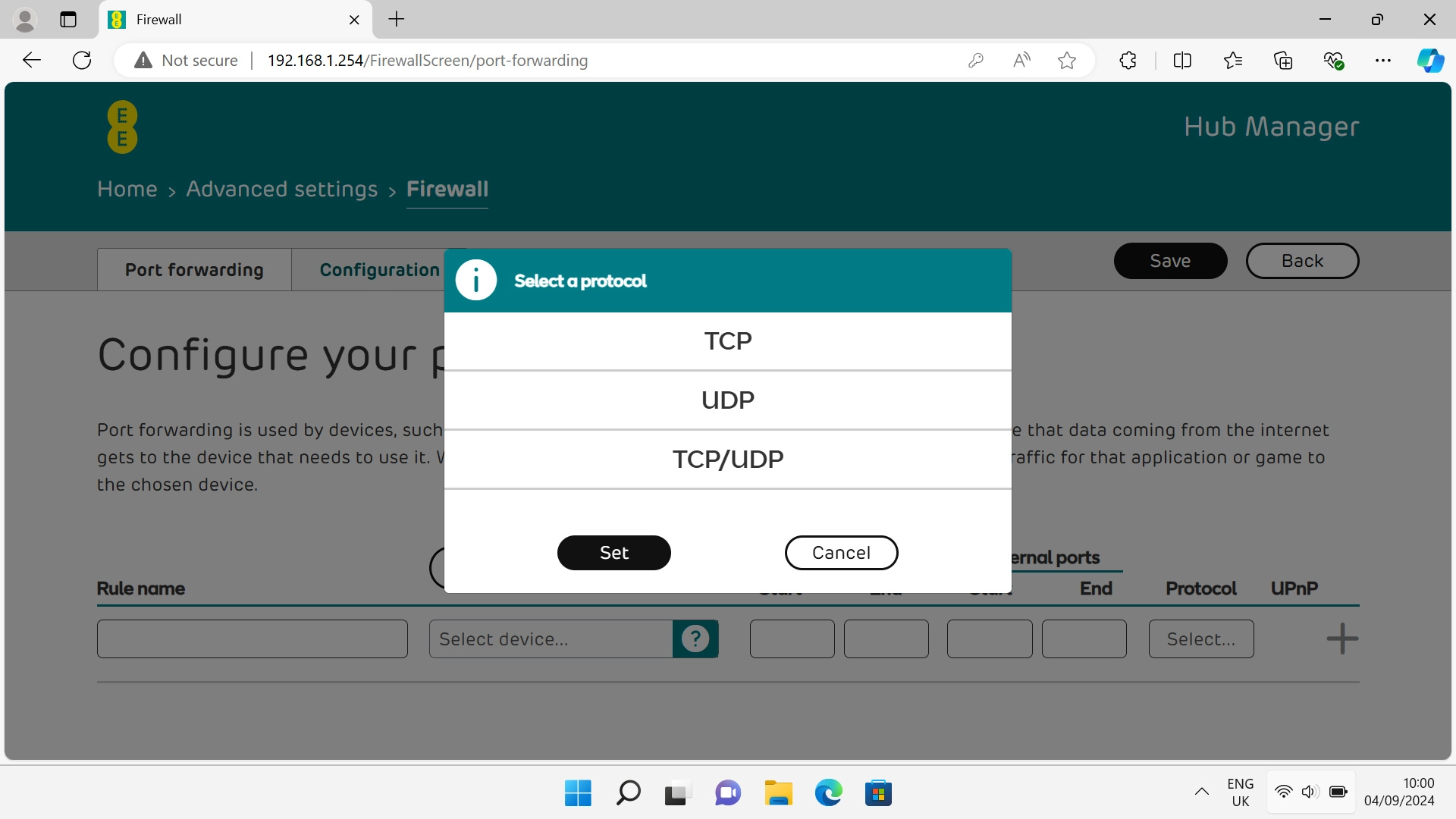 Click the required protocol type. Click the required protocol type.
