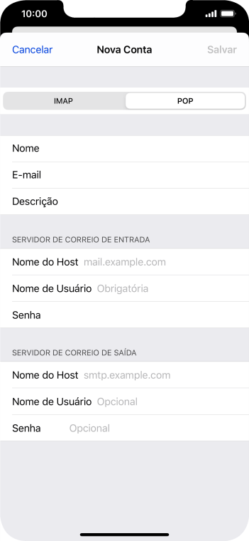 Pressione Nome do Host, e insira o nome do servidor de entrada do seu provedor de e-mails. Pressione Nome do Host, e insira o nome do servidor de entrada do seu provedor de e-mails.