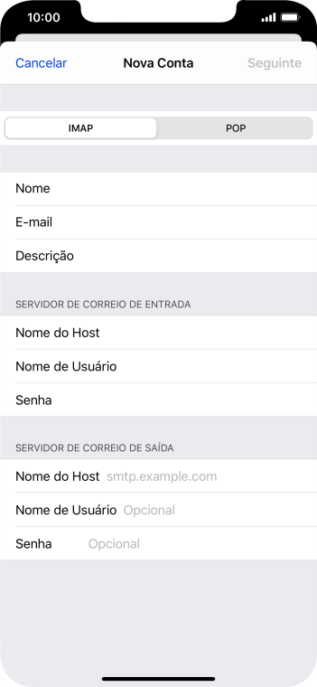 Pressione Nome do Host, e insira o nome do servidor de saída do seu provedor de e-mails. Pressione Nome do Host, e insira o nome do servidor de saída do seu provedor de e-mails.