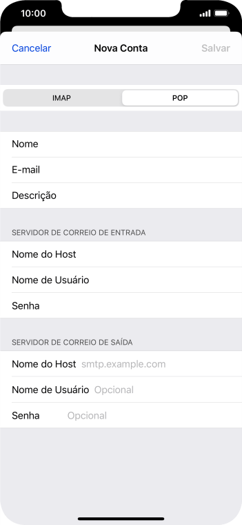 Pressione Nome do Host, e insira o nome do servidor de saída do seu provedor de e-mails. Pressione Nome do Host, e insira o nome do servidor de saída do seu provedor de e-mails.