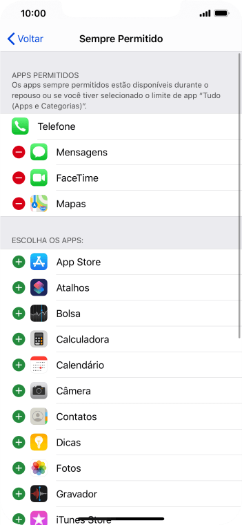Pressione o ícone de adicionar ao lado do app desejado para adicioná-lo à lista de apps permitidos no Repouso. Pressione o ícone de adicionar ao lado do app desejado para adicioná-lo à lista de apps permitidos no Repouso.