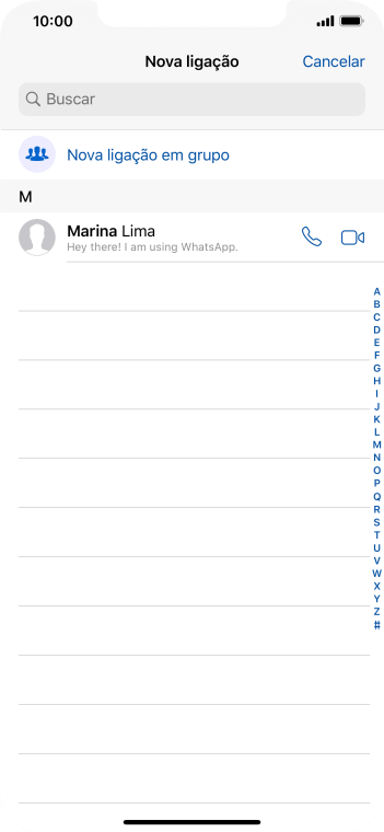 Pressione o campo de busca, e digite as primeiras letras do nome do contato. Pressione o campo de busca, e digite as primeiras letras do nome do contato.