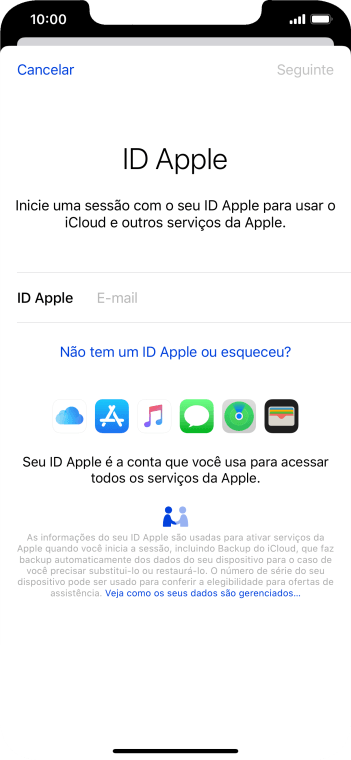 Se você não tiver um ID Apple, deve pressionar Não tem um ID Apple ou esqueceu?, e seguir as instruções da tela para instalá-lo. Se você não tiver um ID Apple, deve pressionar Não tem um ID Apple ou esqueceu?, e seguir as instruções da tela para instalá-lo.