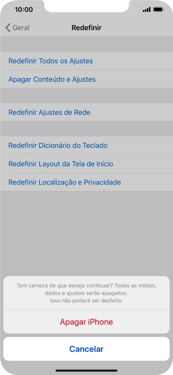 Pressione Apagar iPhone. Aguarde um instante, enquanto o celular restaura as configurações padrão. Siga as indicações da tela para configurar o celular, e deixá-lo pronto para o uso. Pressione Apagar iPhone. Aguarde um instante, enquanto o celular restaura as configurações padrão. Siga as indicações da tela para configurar o celular, e deixá-lo pronto para o uso.