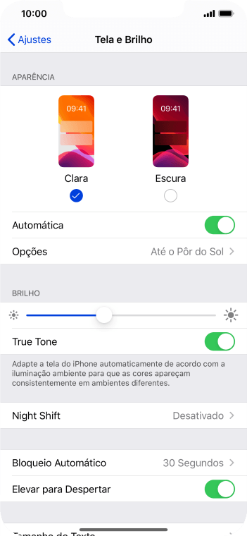 Se você ativar a função, deve pressionar Opções e seguir as instruções na tela para escolher o período desejado para a função de Escuro. Se você ativar a função, deve pressionar Opções e seguir as instruções na tela para escolher o período desejado para a função de Escuro.