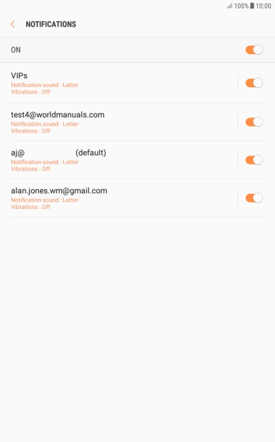 Press the indicator next to the required email account to turn the function on or off. Press the indicator next to the required email account to turn the function on or off.