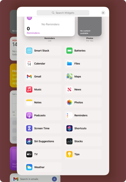 Press the required widget. Press the required widget.