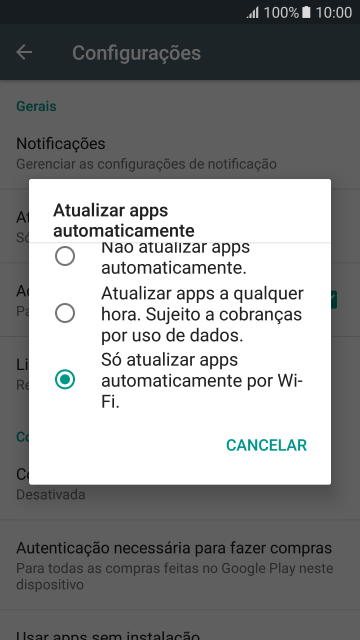 Para ativar a atualização automática de apps via Wi-Fi, você deve pressionar Só atualizar apps automaticamente por Wi-Fi.. Para ativar a atualização automática de apps via Wi-Fi, você deve pressionar Só atualizar apps automaticamente por Wi-Fi..