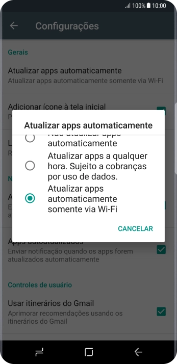 Para ativar a atualização automática de apps via Wi-Fi, você deve pressionar Atualizar apps automaticamente somente via Wi-Fi. Para ativar a atualização automática de apps via Wi-Fi, você deve pressionar Atualizar apps automaticamente somente via Wi-Fi.