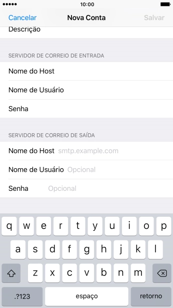 Pressione Nome do Host, e insira o nome do servidor de saída do seu provedor de e-mails. Pressione Nome do Host, e insira o nome do servidor de saída do seu provedor de e-mails.