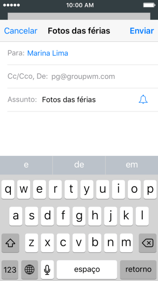 Pressione o campo de escrever, e escreva o texto do seu e-mail. Pressione o campo de escrever, e escreva o texto do seu e-mail.