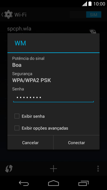 Digite a senha da sua conta da rede Wi-Fi, e pressione Conectar. Digite a senha da sua conta da rede Wi-Fi, e pressione Conectar.