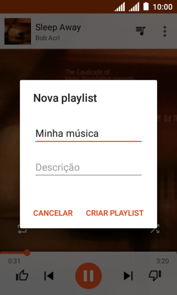 Digite o nome da lista de reprodução, e pressione CRIAR PLAYLIST. Digite o nome da lista de reprodução, e pressione CRIAR PLAYLIST.