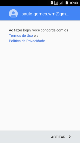Pressione ACEITAR, e siga as indicações da tela para selecionar as configurações da sua conta Google. Pressione ACEITAR, e siga as indicações da tela para selecionar as configurações da sua conta Google.