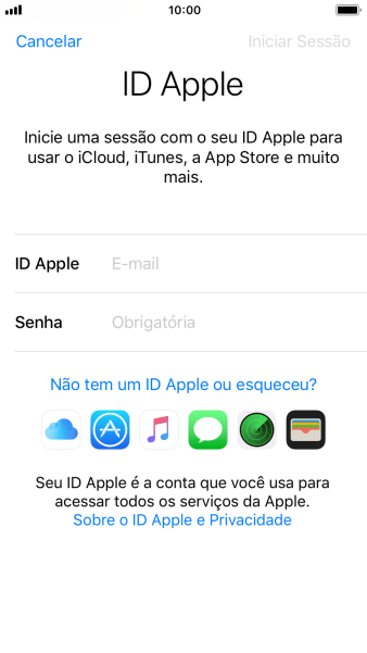 Se você não tiver um ID Apple, deve pressionar Não tem um ID Apple ou esqueceu?, e seguir as instruções da tela para instalá-lo. Se você não tiver um ID Apple, deve pressionar Não tem um ID Apple ou esqueceu?, e seguir as instruções da tela para instalá-lo.