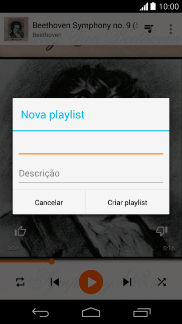 Digite o nome da lista de reprodução, e pressione Criar playlist. Digite o nome da lista de reprodução, e pressione Criar playlist.