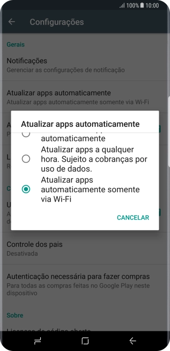 Para ativar a atualização automática de apps via Wi-Fi, você deve pressionar Atualizar apps automaticamente somente via Wi-Fi. Para ativar a atualização automática de apps via Wi-Fi, você deve pressionar Atualizar apps automaticamente somente via Wi-Fi.