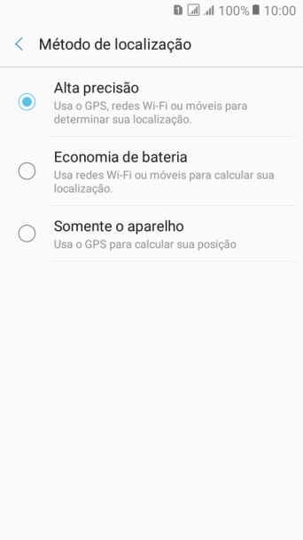Se você selecionar Alta precisão, o seu celular poderá encontrar sua posição precisa com ajuda dos satélites GPS, rede celular e e da rede Wi-Fi próximos à você. O GPS via satélite requer uma visão livre para o céu. Se você selecionar Alta precisão, o seu celular poderá encontrar sua posição precisa com ajuda dos satélites GPS, rede celular e e da rede Wi-Fi próximos à você. O GPS via satélite requer uma visão livre para o céu.