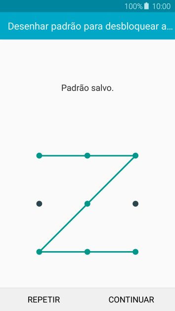 Mova os dedos na tela para conectar pelo menos quatro pontos, e pressione CONTINUAR. Mova os dedos na tela para conectar pelo menos quatro pontos, e pressione CONTINUAR.