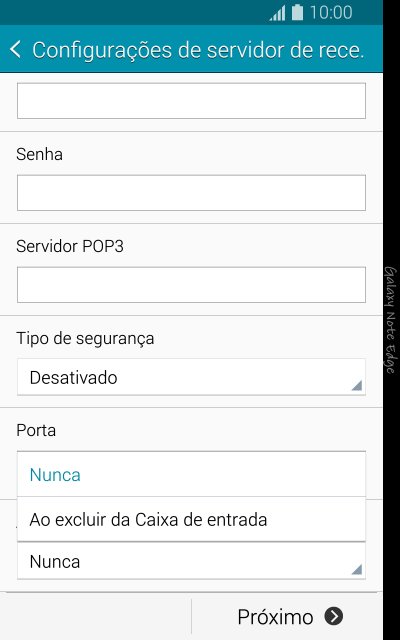 Pressione Nunca para manter os e-mails no servidor, quando você apagá-los do celular. Pressione Nunca para manter os e-mails no servidor, quando você apagá-los do celular.