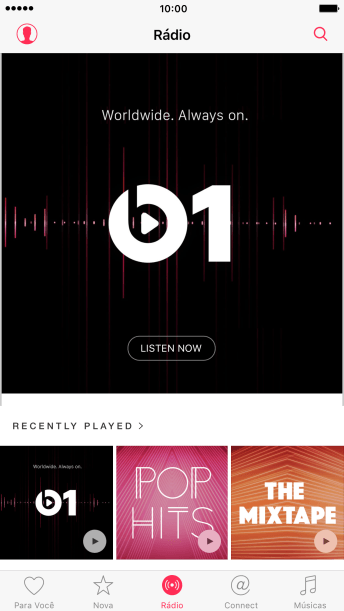 Pressione LISTEN NOW iniciar a reprodução do Beats 1. Pressione LISTEN NOW iniciar a reprodução do Beats 1.